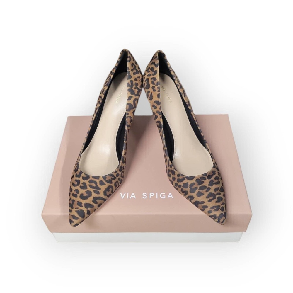 Via Spiga Womens V-Cloe Pumps High Heels Black Tan Suede Leopard Print 7 M New